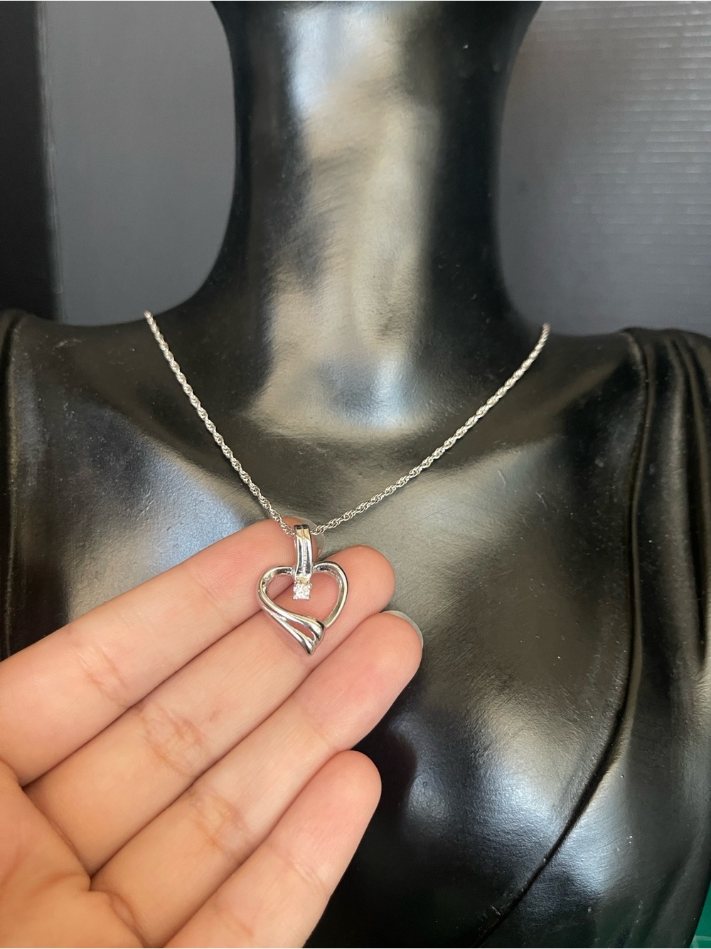 Sterling silver heart diamond accent rope Chan necklace